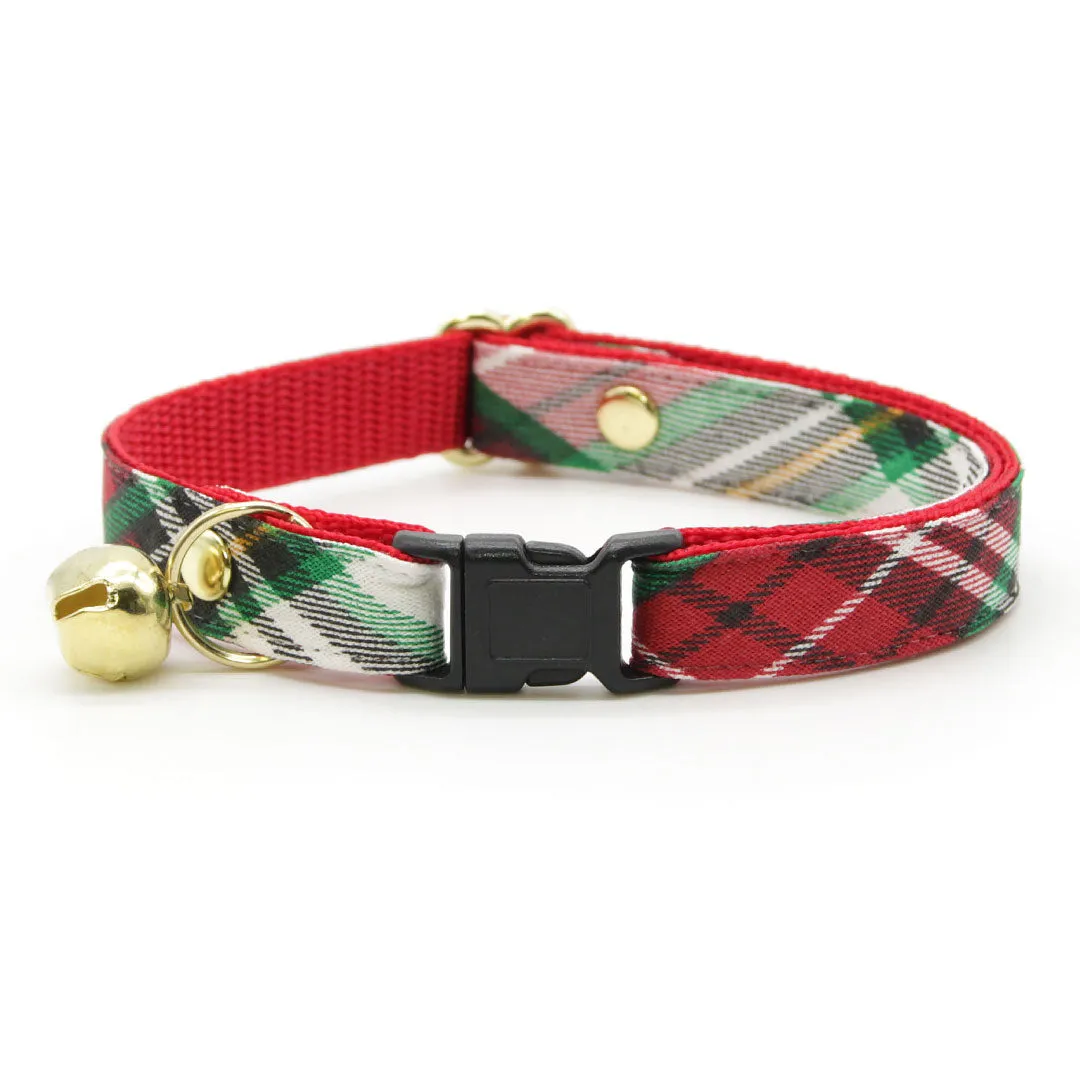 Cat Collar   Flower Set - "Birchwood" - Holiday Plaid Cat Collar w/ Scarlet Red Felt Flower (Detachable)