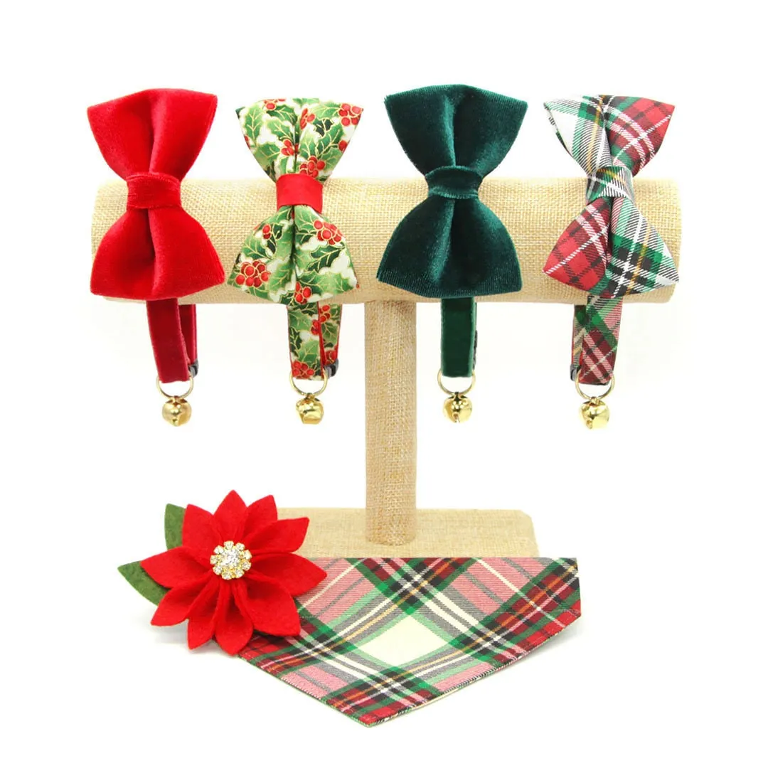 Cat Collar   Flower Set - "Birchwood" - Holiday Plaid Cat Collar w/ Scarlet Red Felt Flower (Detachable)