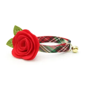 Cat Collar   Flower Set - "Birchwood" - Holiday Plaid Cat Collar w/ Scarlet Red Felt Flower (Detachable)