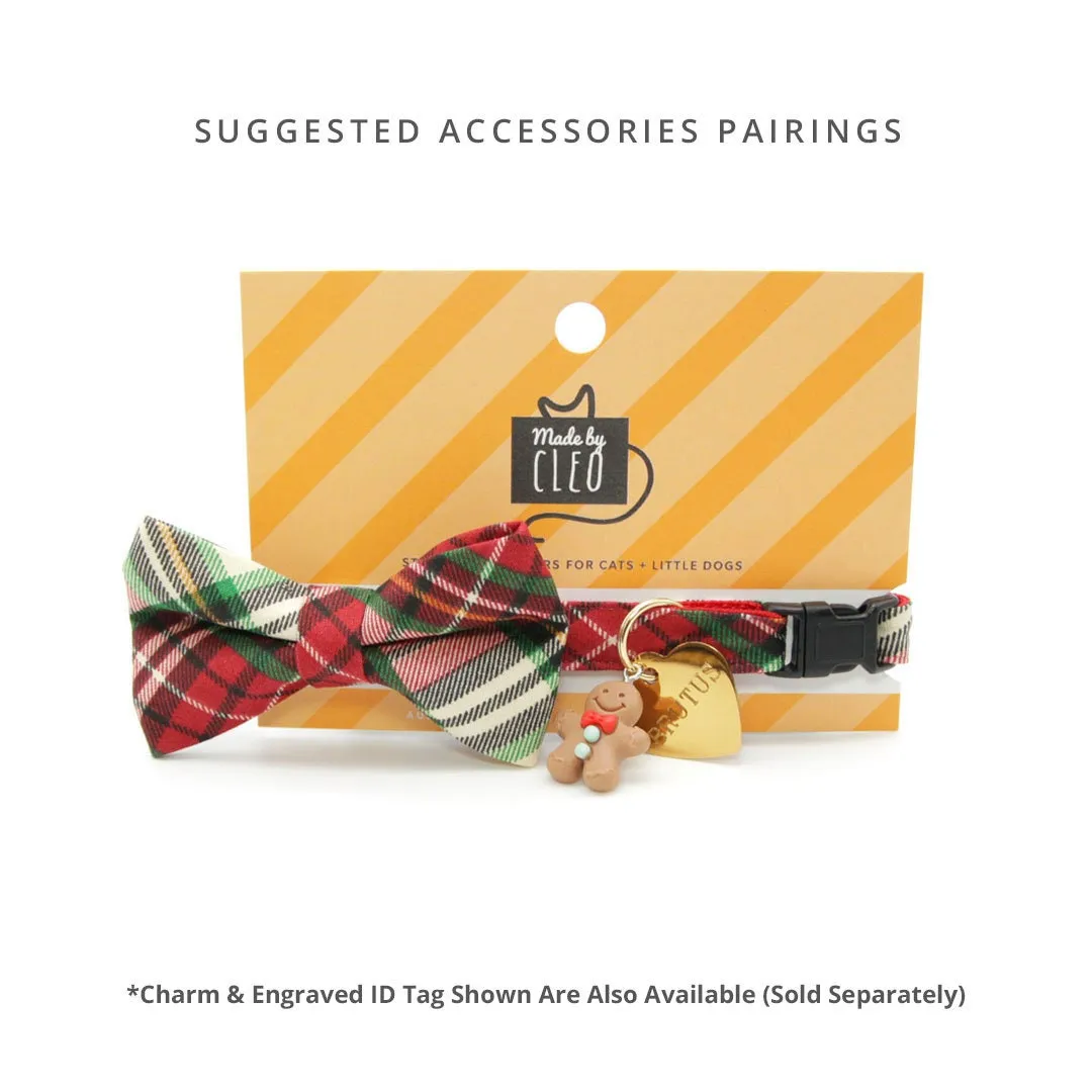 Cat Collar   Flower Set - "Birchwood" - Holiday Plaid Cat Collar w/ Scarlet Red Felt Flower (Detachable)