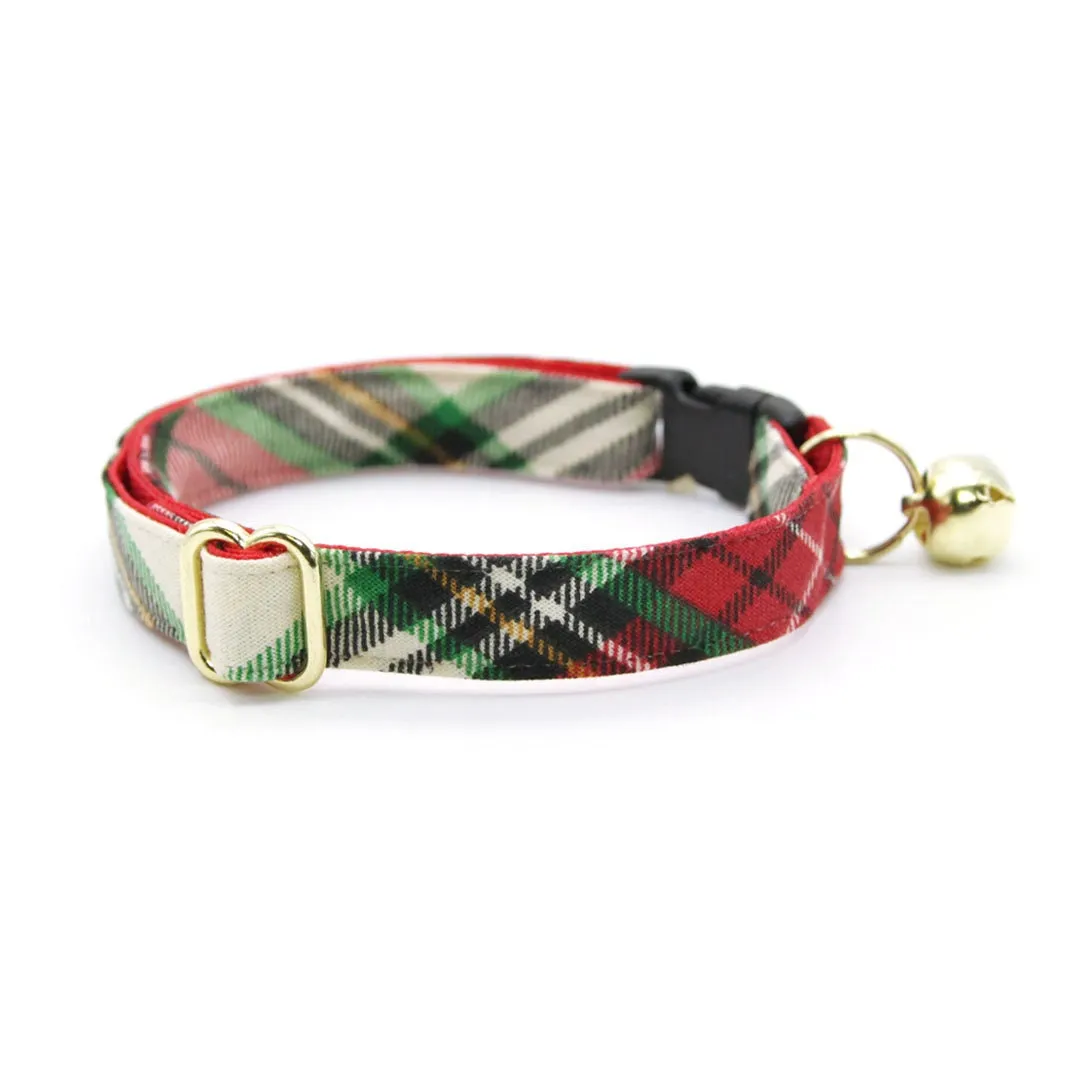 Cat Collar   Flower Set - "Birchwood" - Holiday Plaid Cat Collar w/ Scarlet Red Felt Flower (Detachable)