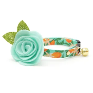 Cat Collar   Flower Set - "Clementine Blossom" - Green & Orange Citrus Cat Collar w/ Mint Felt Flower (Detachable)