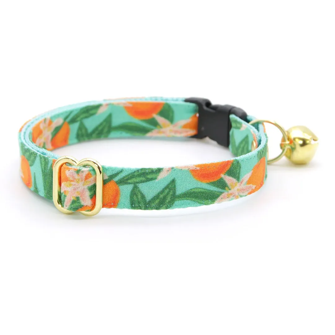 Cat Collar   Flower Set - "Clementine Blossom" - Green & Orange Citrus Cat Collar w/ Mint Felt Flower (Detachable)