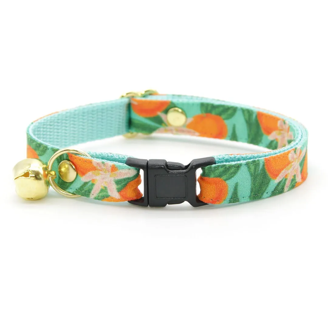 Cat Collar   Flower Set - "Clementine Blossom" - Green & Orange Citrus Cat Collar w/ Mint Felt Flower (Detachable)