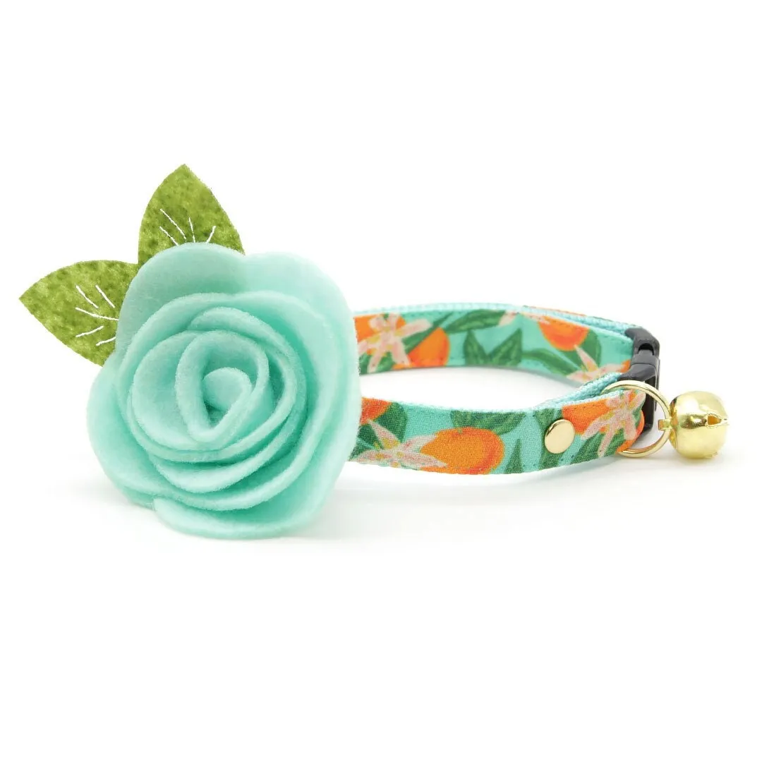 Cat Collar   Flower Set - "Clementine Blossom" - Green & Orange Citrus Cat Collar w/ Mint Felt Flower (Detachable)