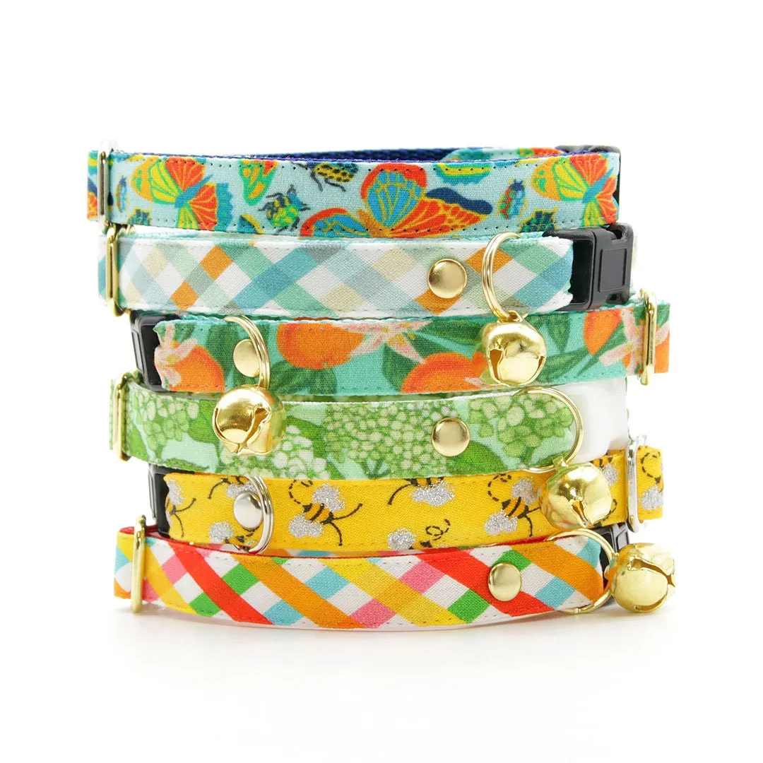 Cat Collar   Flower Set - "Clementine Blossom" - Green & Orange Citrus Cat Collar w/ Mint Felt Flower (Detachable)
