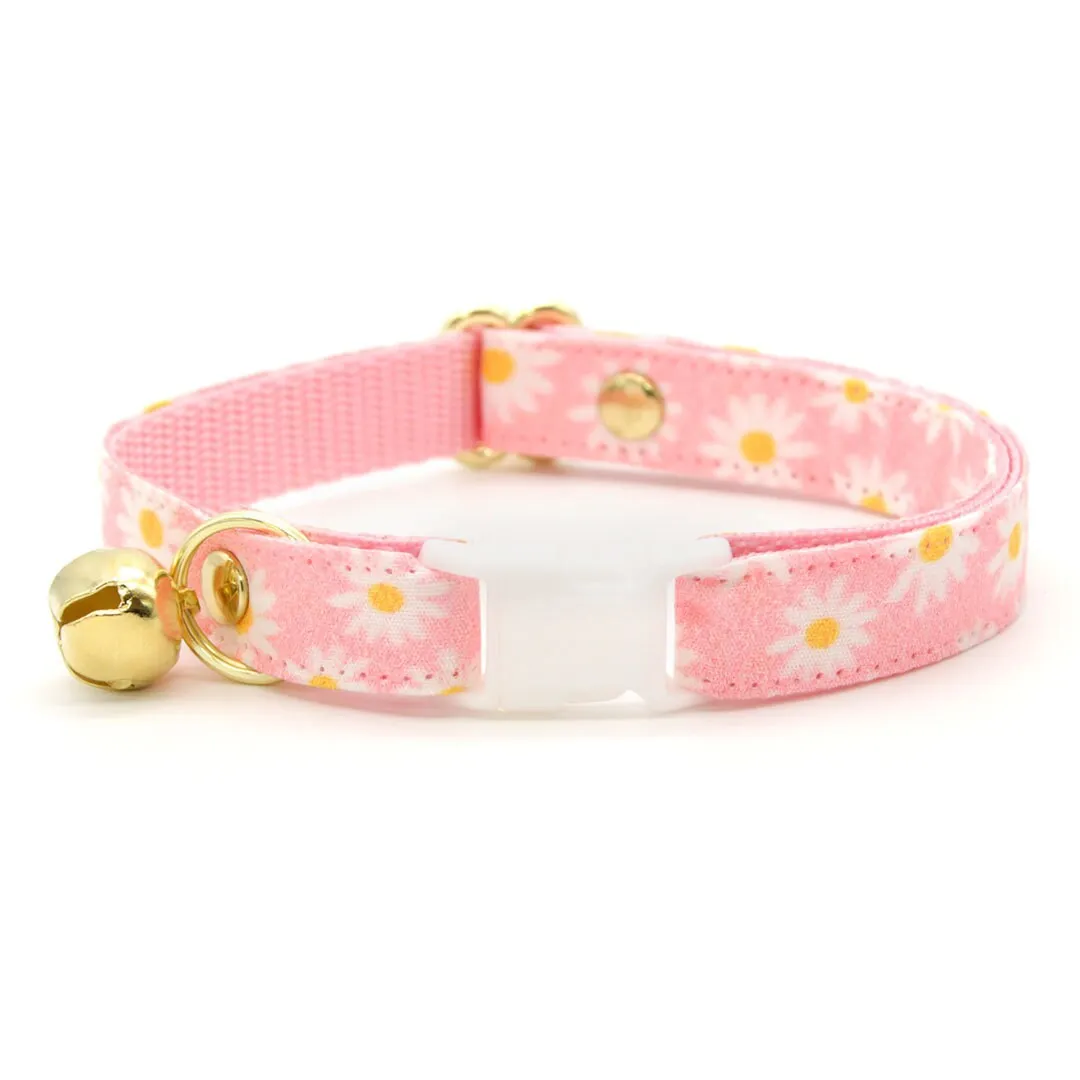 Cat Collar   Flower Set - "Daisies - Pink" - Floral Daisy Cat Collar w/ Baby Pink Felt Flower (Detachable)