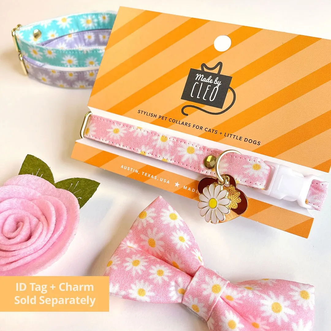 Cat Collar   Flower Set - "Daisies - Pink" - Floral Daisy Cat Collar w/ Baby Pink Felt Flower (Detachable)