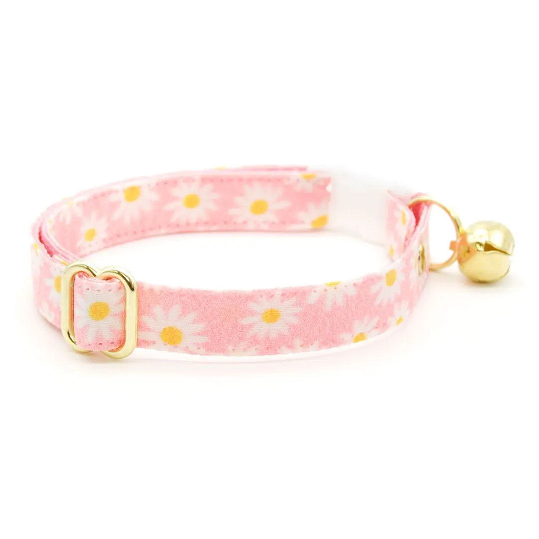 Cat Collar   Flower Set - "Daisies - Pink" - Floral Daisy Cat Collar w/ Baby Pink Felt Flower (Detachable)