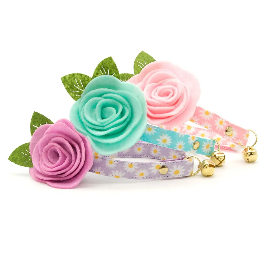 Cat Collar   Flower Set - "Daisies - Pink" - Floral Daisy Cat Collar w/ Baby Pink Felt Flower (Detachable)