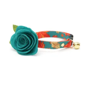 Cat Collar   Flower Set - "Maple Hill" - Autumn Leaves Cat Collar w/ Teal Felt Flower (Detachable)