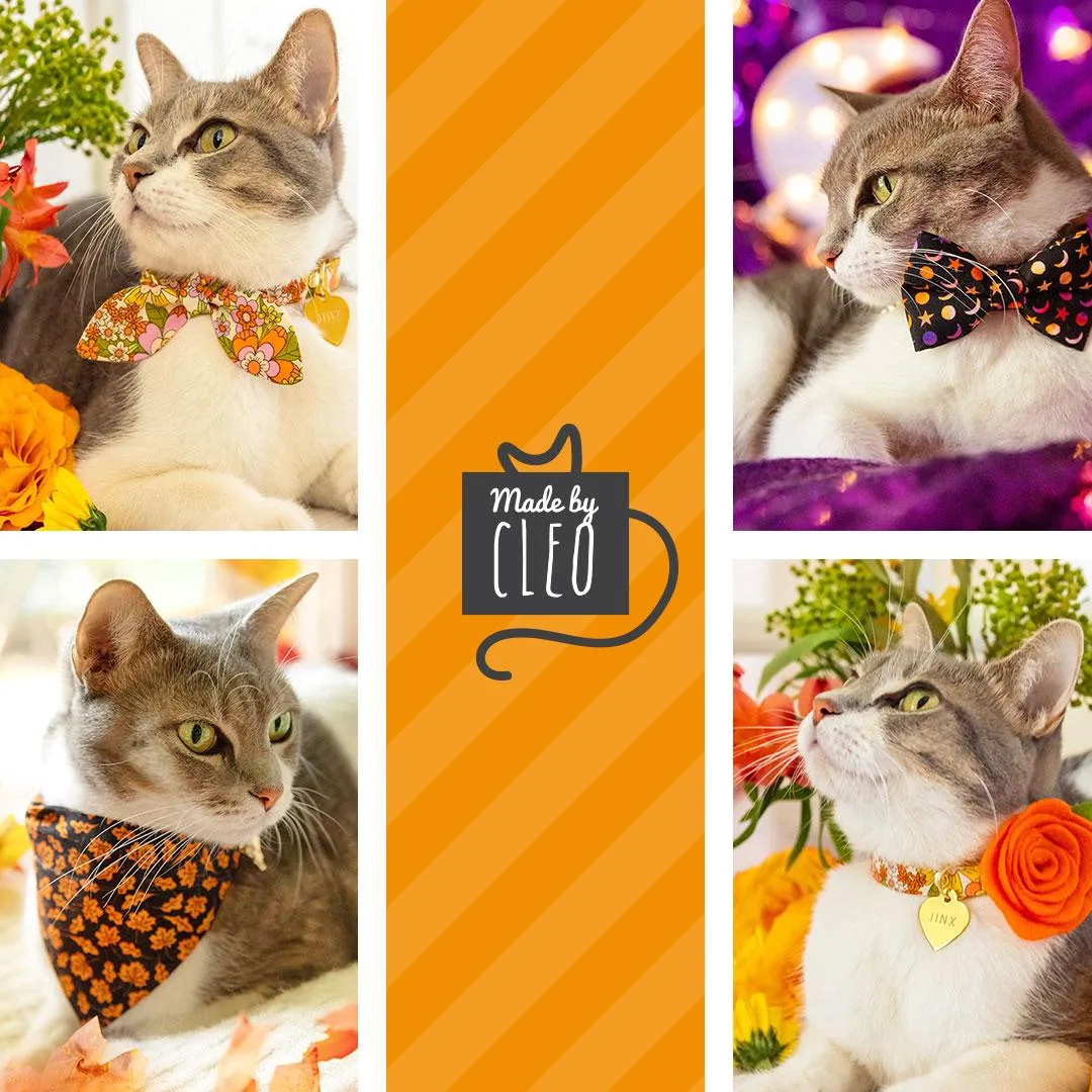 Cat Collar   Flower Set - "Punk Rock Halloween" - Black Orange Checkered Cat Collar w/ Orange Felt Flower (Detachable) / Cat, Kitten   Small Dog Sizes