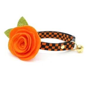 Cat Collar   Flower Set - "Punk Rock Halloween" - Black Orange Checkered Cat Collar w/ Orange Felt Flower (Detachable) / Cat, Kitten   Small Dog Sizes