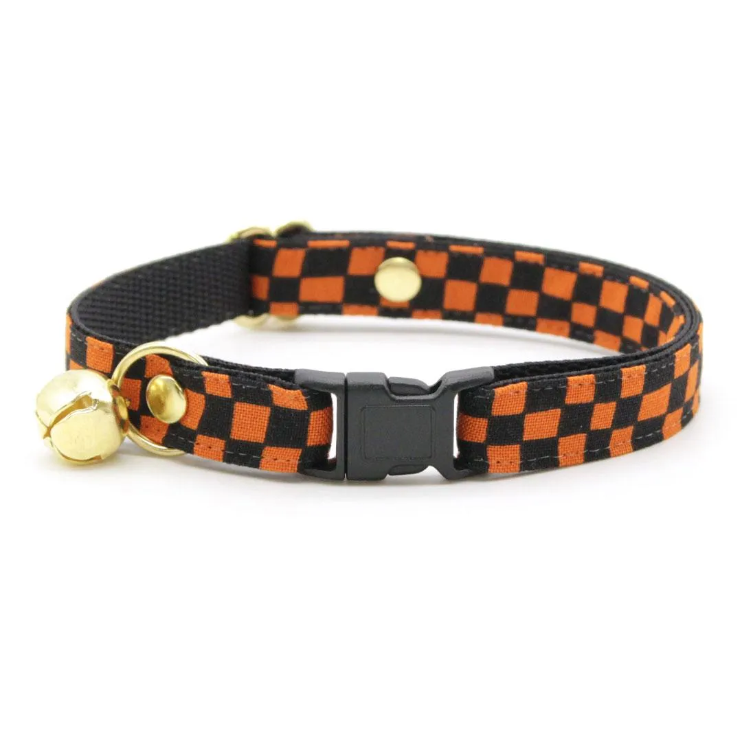 Cat Collar   Flower Set - "Punk Rock Halloween" - Black Orange Checkered Cat Collar w/ Orange Felt Flower (Detachable) / Cat, Kitten   Small Dog Sizes
