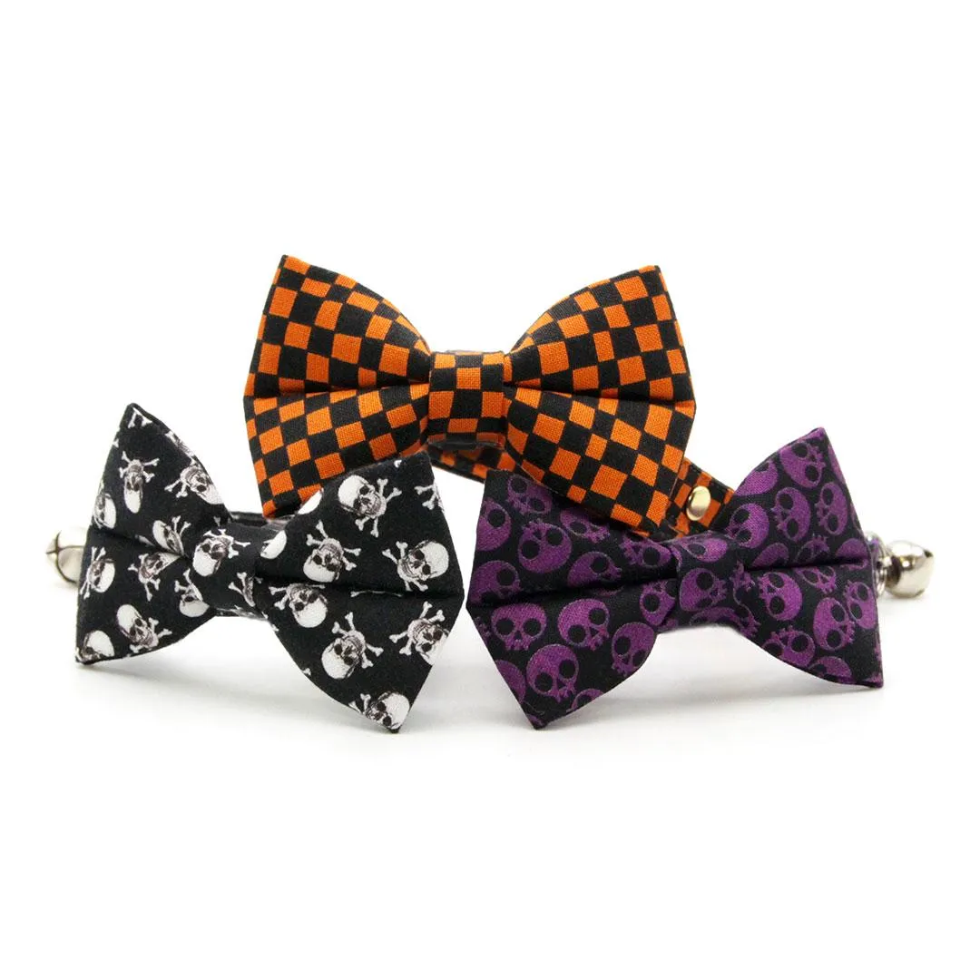 Cat Collar   Flower Set - "Punk Rock Halloween" - Black Orange Checkered Cat Collar w/ Orange Felt Flower (Detachable) / Cat, Kitten   Small Dog Sizes