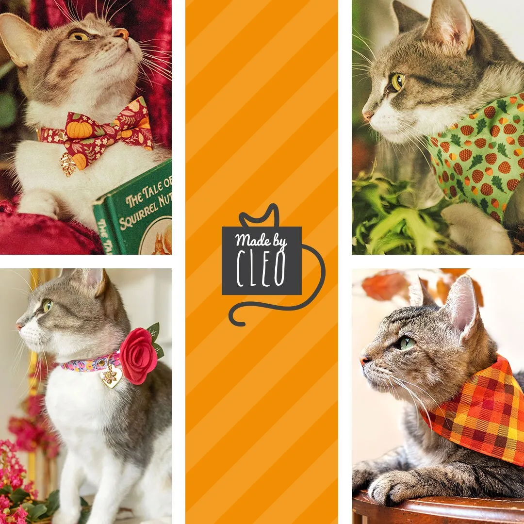 Cat Collar   Flower Set - "Scenic Route" - Aqua, Green & Orange Plaid Cat Collar w/ Mint Felt Flower (Detachable)