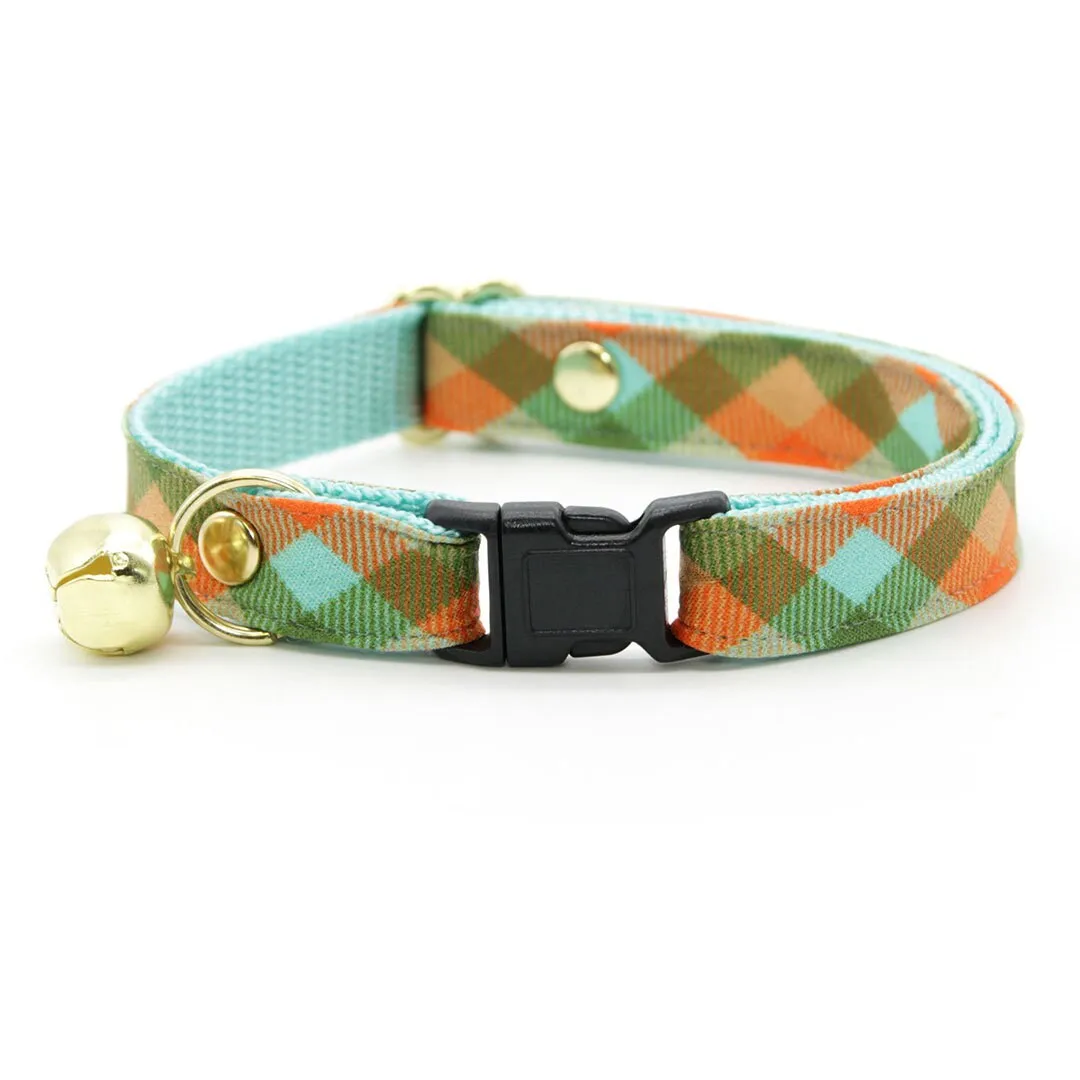Cat Collar   Flower Set - "Scenic Route" - Aqua, Green & Orange Plaid Cat Collar w/ Mint Felt Flower (Detachable)