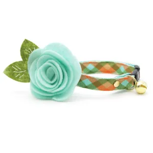 Cat Collar   Flower Set - "Scenic Route" - Aqua, Green & Orange Plaid Cat Collar w/ Mint Felt Flower (Detachable)