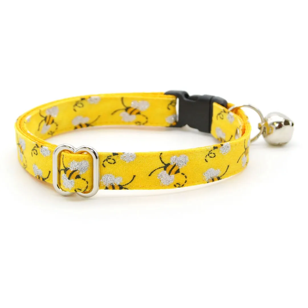 Cat Collar   Flower Set - "Show Me The Honey" - Yellow Bee Cat Collar w/ Yellow Felt Flower (Detachable)