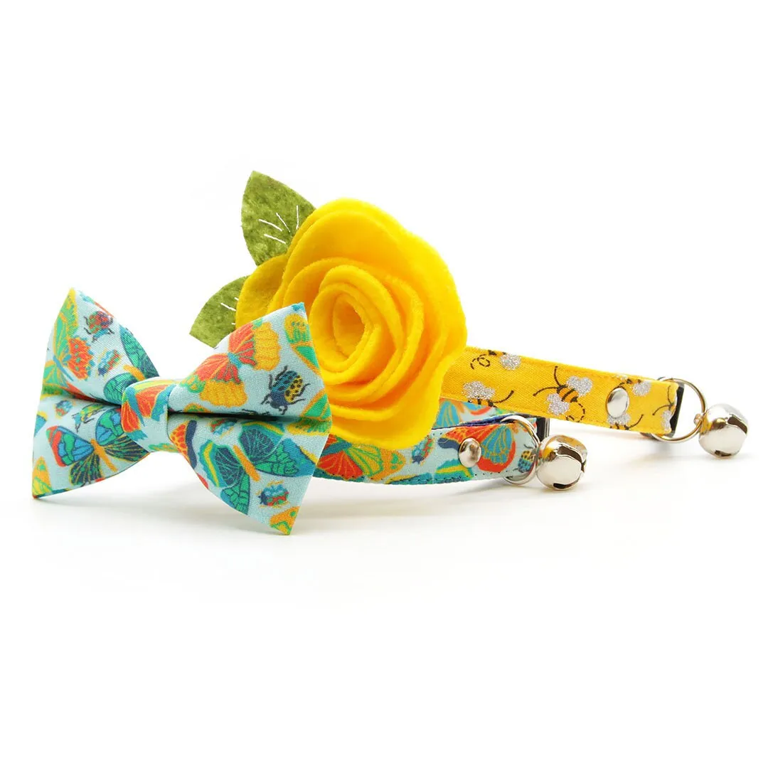 Cat Collar   Flower Set - "Show Me The Honey" - Yellow Bee Cat Collar w/ Yellow Felt Flower (Detachable)