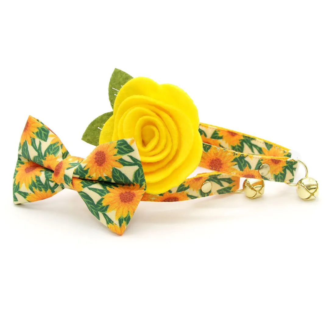 Cat Collar   Flower Set - "Sunflowers" - Yellow Floral Cat Collar w/ Buttercup Yellow Felt Flower (Detachable)