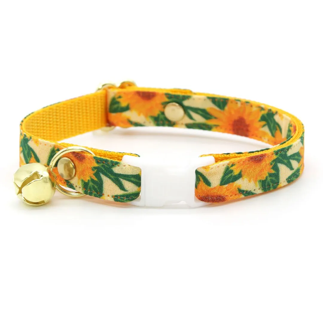 Cat Collar   Flower Set - "Sunflowers" - Yellow Floral Cat Collar w/ Buttercup Yellow Felt Flower (Detachable)