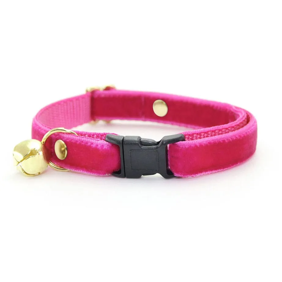Cat Collar   Flower Set - "Velvet - Azalea" - Magenta Pink Velvet Cat Collar w/ Fuchsia Pink Felt Flower (Detachable)