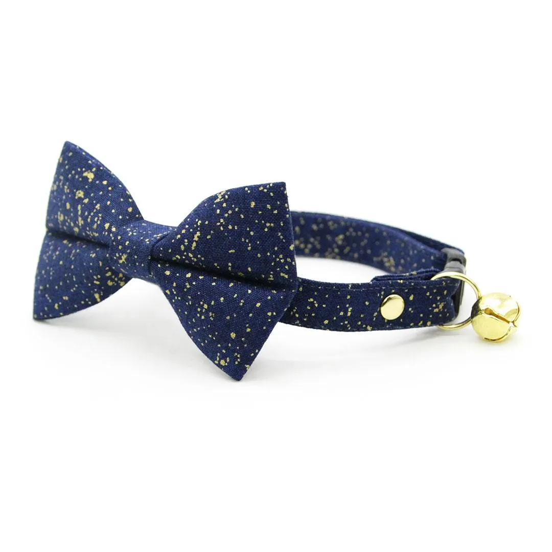 Cat Collar - "Starry Night" - Gold & Blue Cat Collar / Winter, Solstice, Hanukkah, Wedding, Space, Stars / Breakaway Buckle or Non-Breakaway / Cat, Kitten   Small Dog Sizes