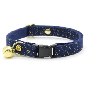 Cat Collar - "Starry Night" - Gold & Blue Cat Collar / Winter, Solstice, Hanukkah, Wedding, Space, Stars / Breakaway Buckle or Non-Breakaway / Cat, Kitten   Small Dog Sizes