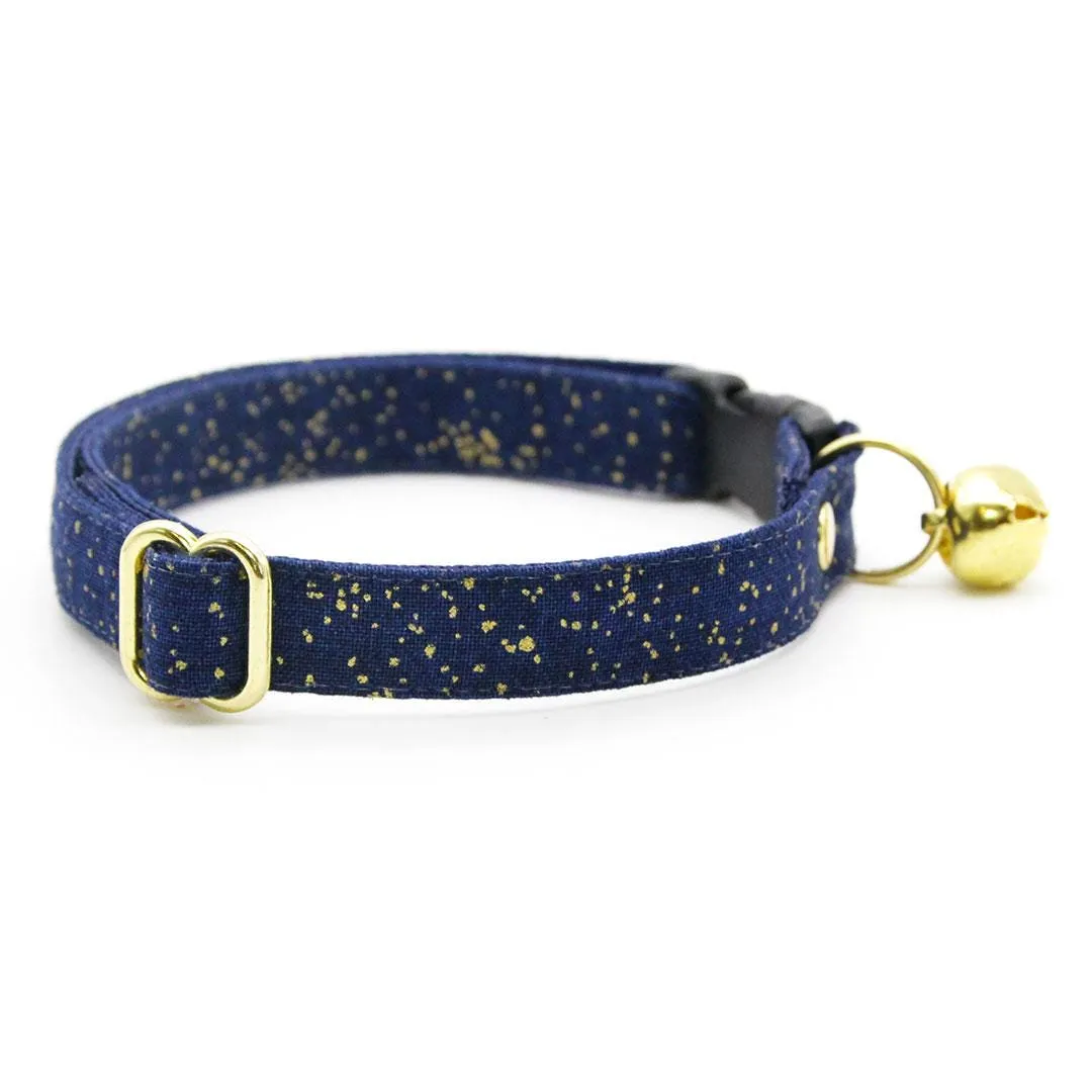 Cat Collar - "Starry Night" - Gold & Blue Cat Collar / Winter, Solstice, Hanukkah, Wedding, Space, Stars / Breakaway Buckle or Non-Breakaway / Cat, Kitten   Small Dog Sizes