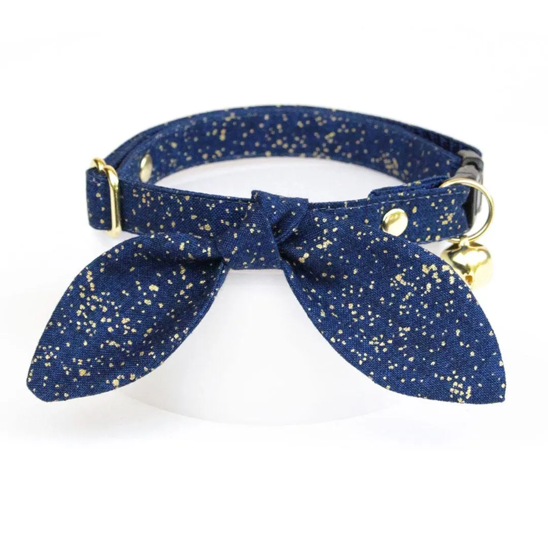 Cat Collar - "Starry Night" - Gold & Blue Cat Collar / Winter, Solstice, Hanukkah, Wedding, Space, Stars / Breakaway Buckle or Non-Breakaway / Cat, Kitten   Small Dog Sizes