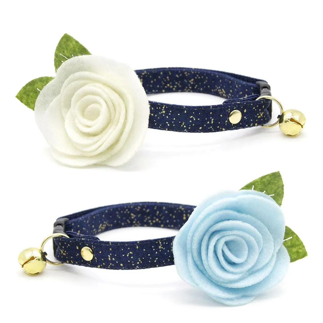 Cat Collar - "Starry Night" - Gold & Blue Cat Collar / Winter, Solstice, Hanukkah, Wedding, Space, Stars / Breakaway Buckle or Non-Breakaway / Cat, Kitten   Small Dog Sizes