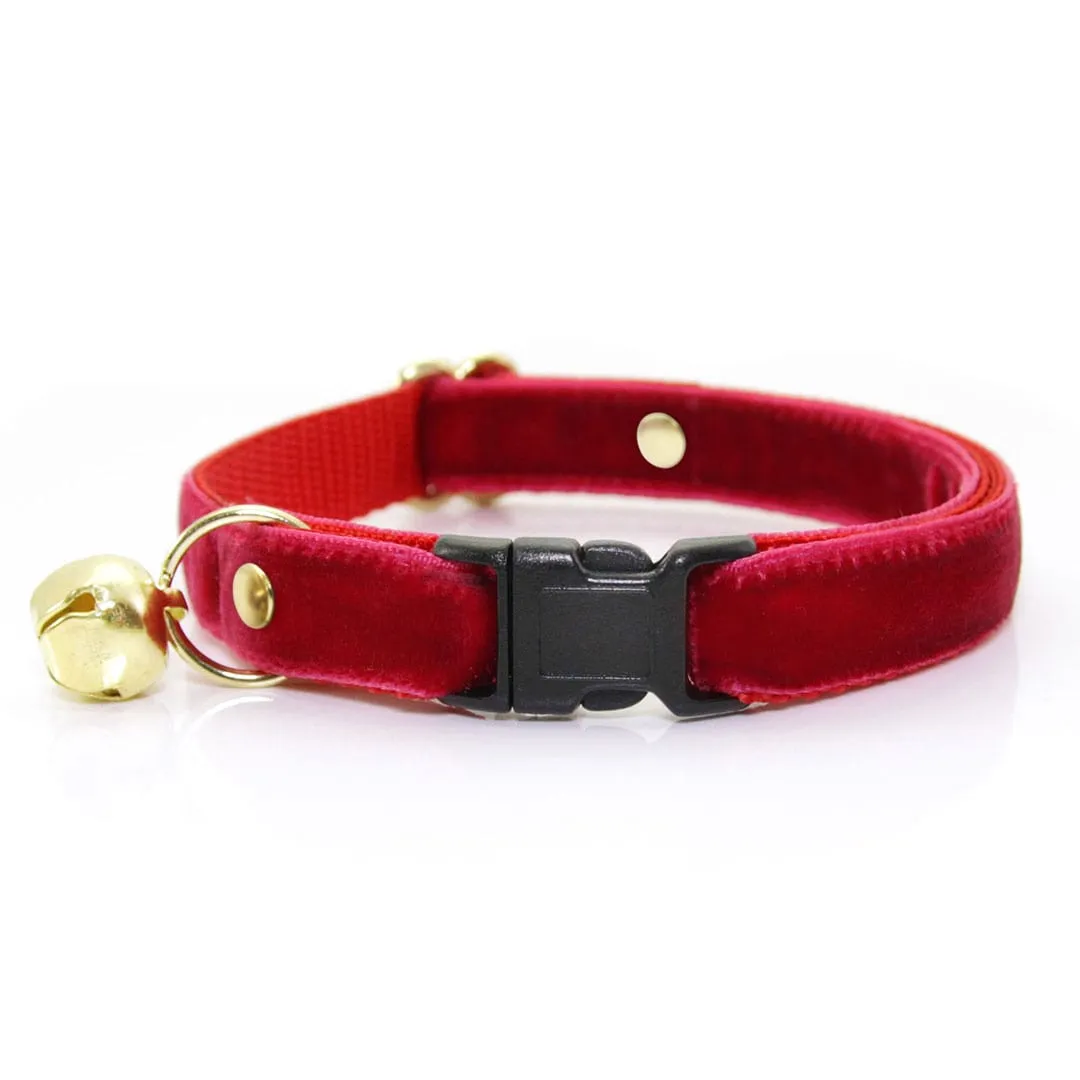 Cat Collar - "Velvet - Garnet Red" - Luxe Red Velvet - Breakaway Buckle or Non-Breakaway - Cat   Small Dog Sizes