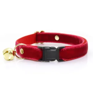 Cat Collar - "Velvet - Garnet Red" - Luxe Red Velvet - Breakaway Buckle or Non-Breakaway - Cat   Small Dog Sizes