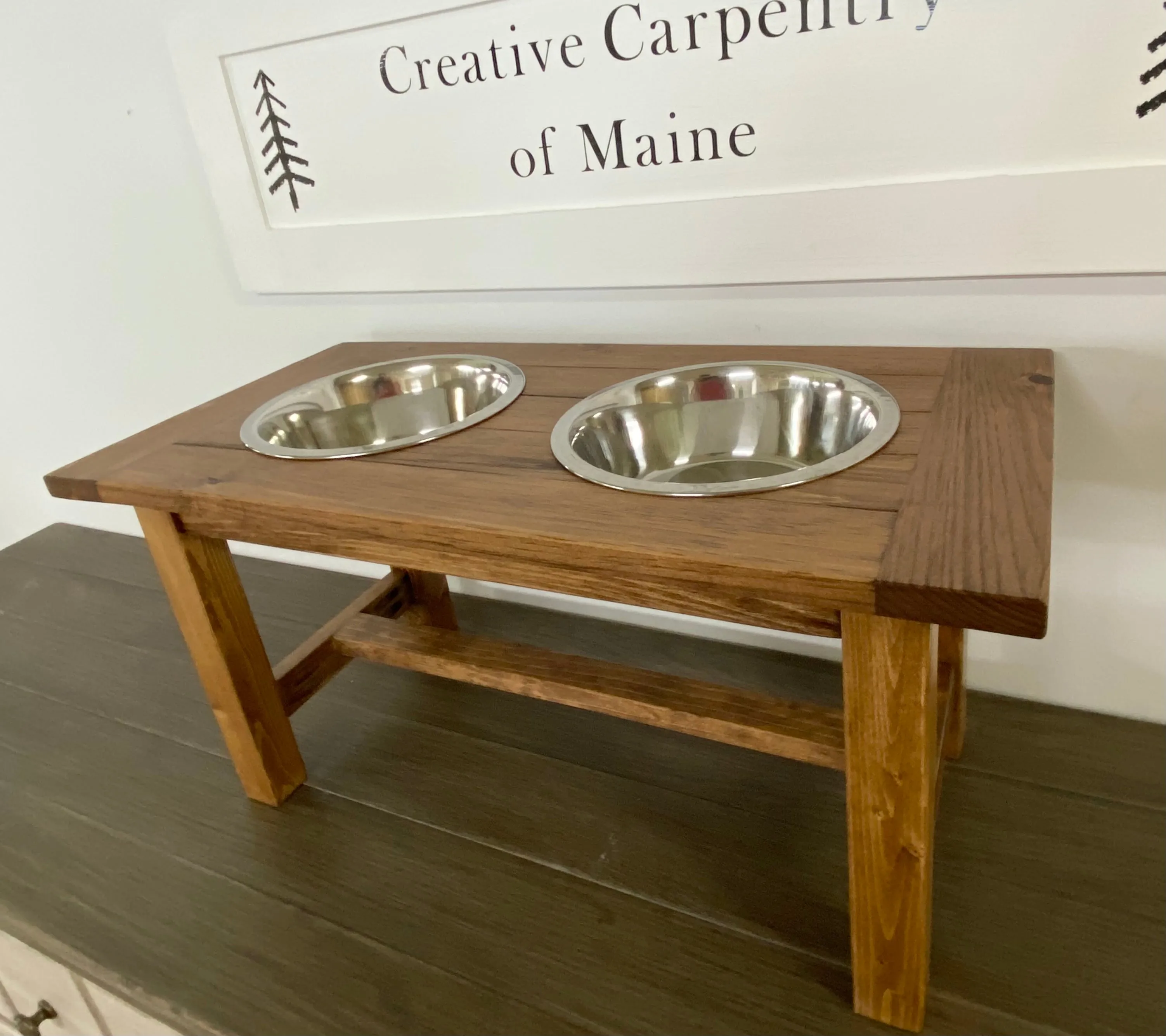 Farmhouse Style Rustic Stained Dog Feeder