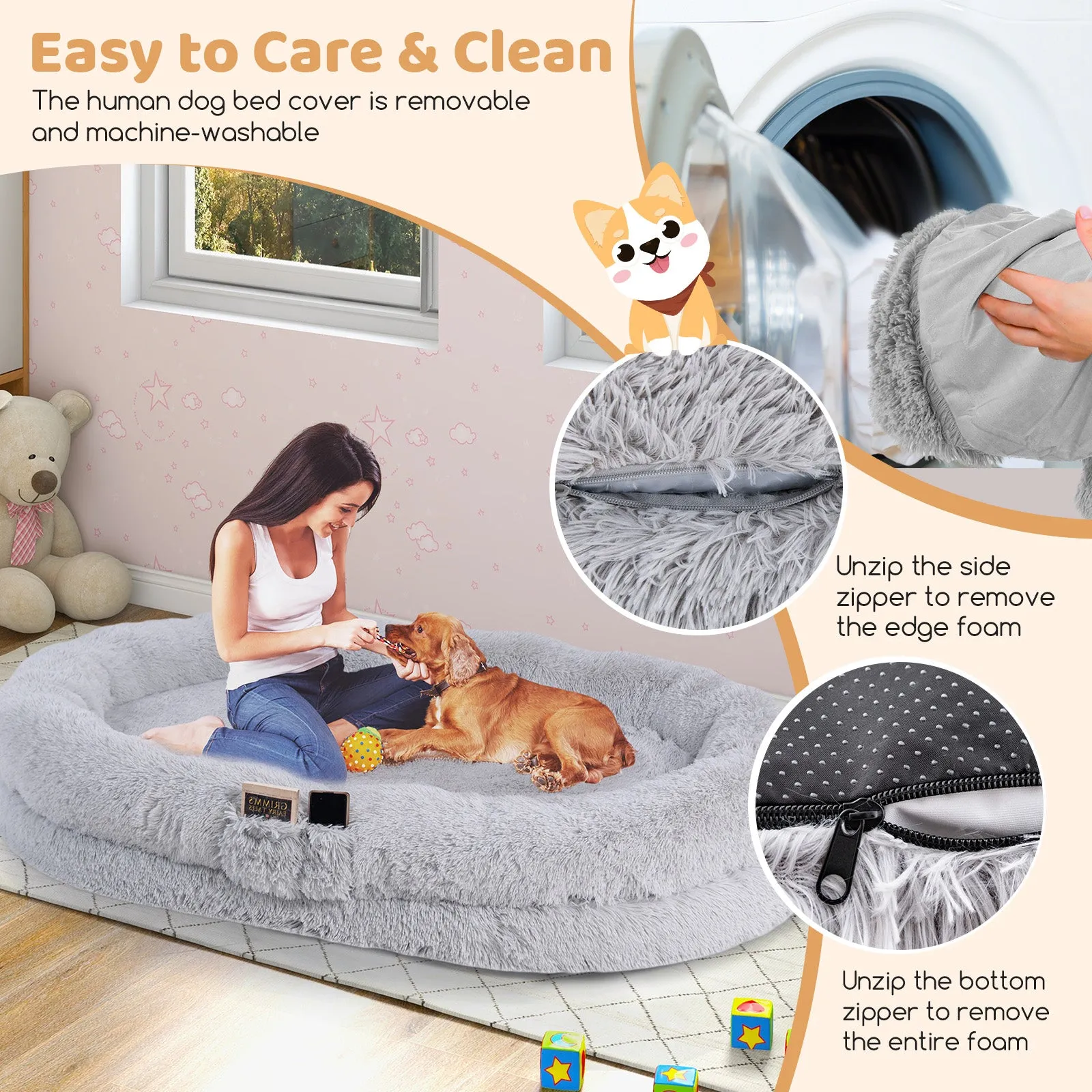 Human Dog Bed with Soft Blanket and Present Plump Pillow-Grey