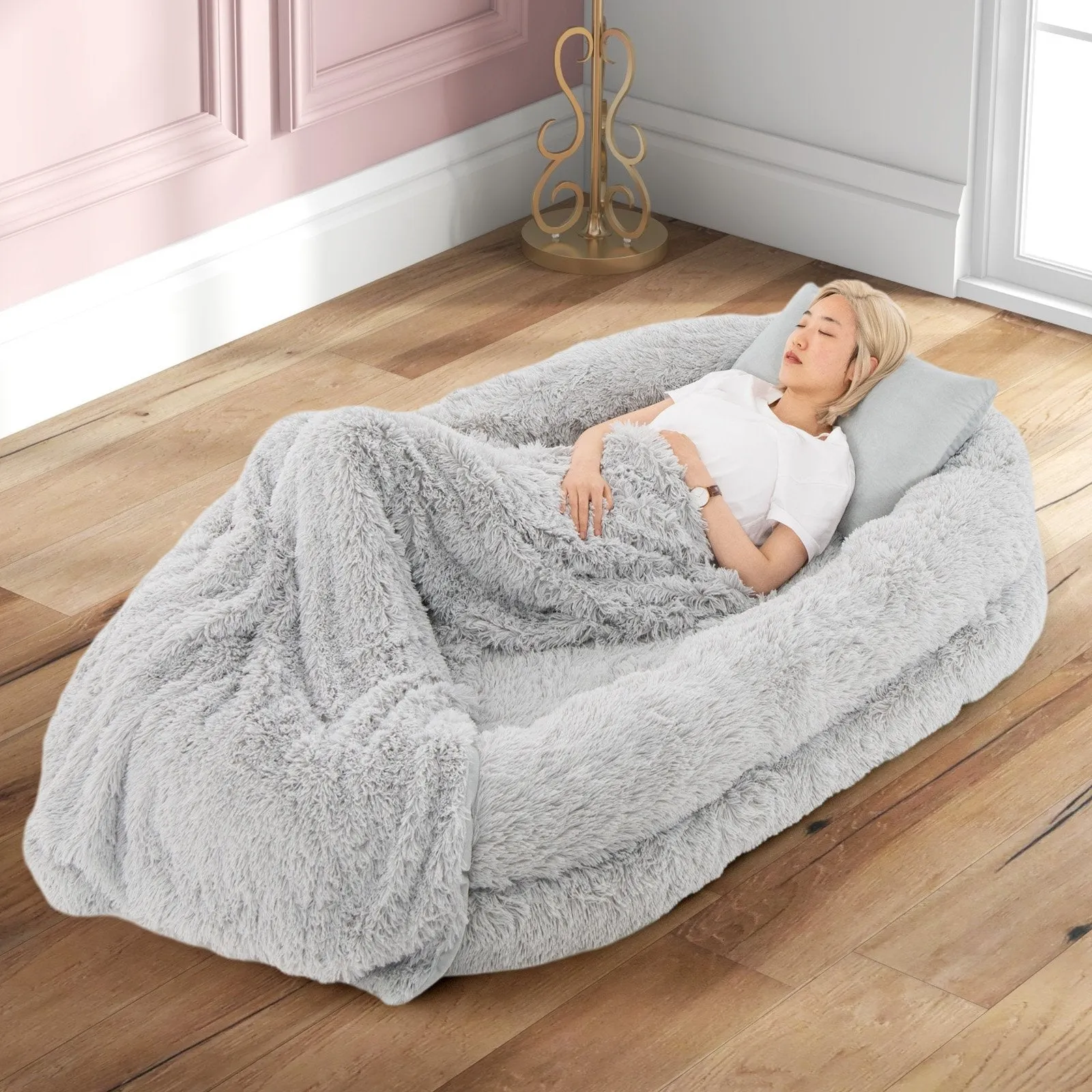 Human Dog Bed with Soft Blanket and Present Plump Pillow-Grey