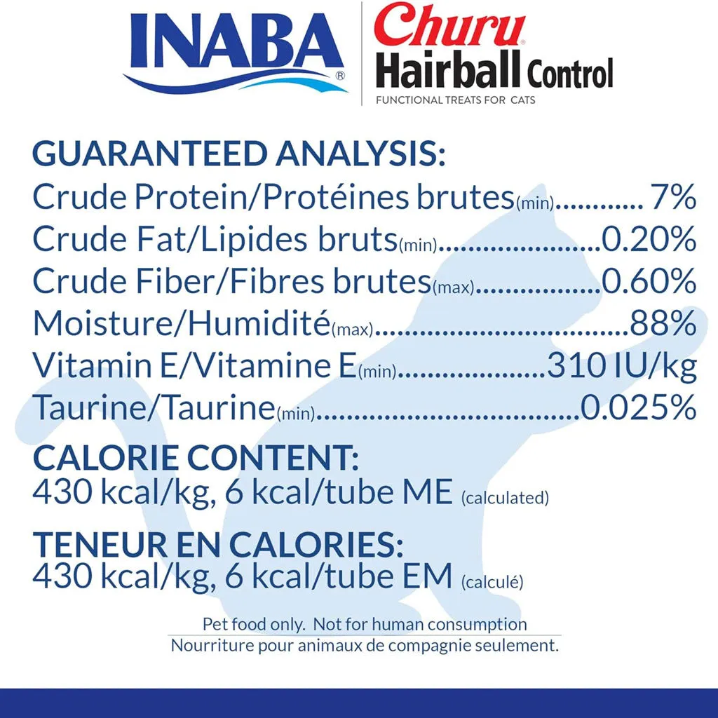 Inaba Churu Hairball Control Tuna Recipe Puree Grain-Free Lickable Treat for Cats, 0.5-oz x 4-tubes