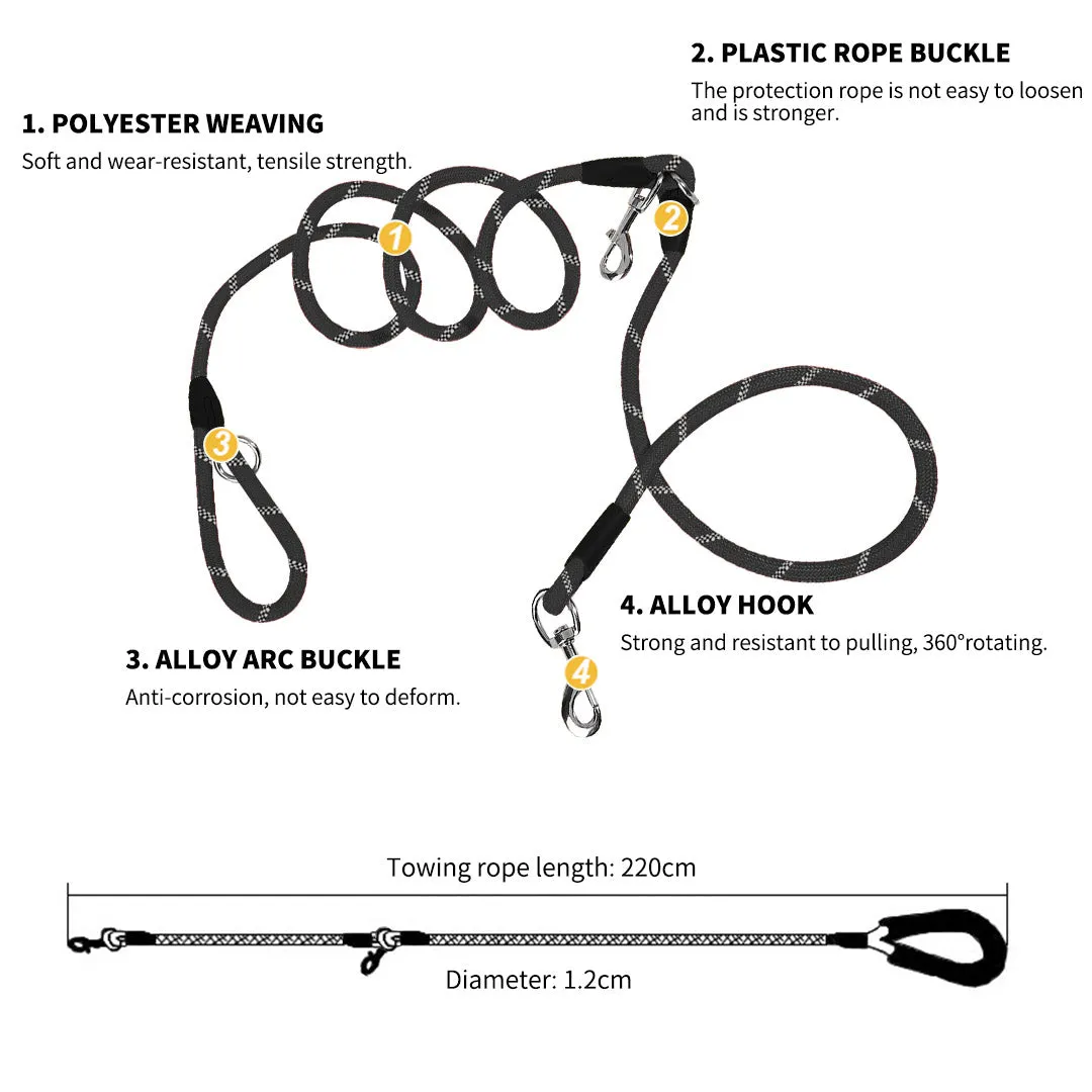 NNEAGS 2X 220cm Multifunction Hands-Free Rope Pet Cat Dog Puppy Double Ended Leash for Walking Training Tracking Obedience Black