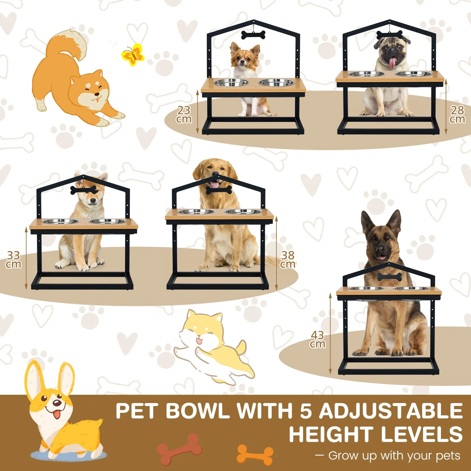 NNECW 5 Heights Elevated Pet Feeder with Detachable Stainless Steel Bowl for Dogs-Natural