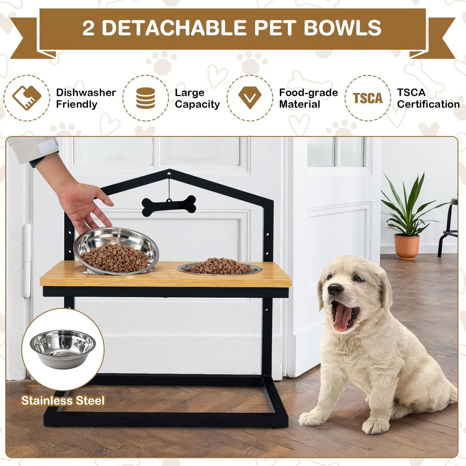 NNECW 5 Heights Elevated Pet Feeder with Detachable Stainless Steel Bowl for Dogs-Natural