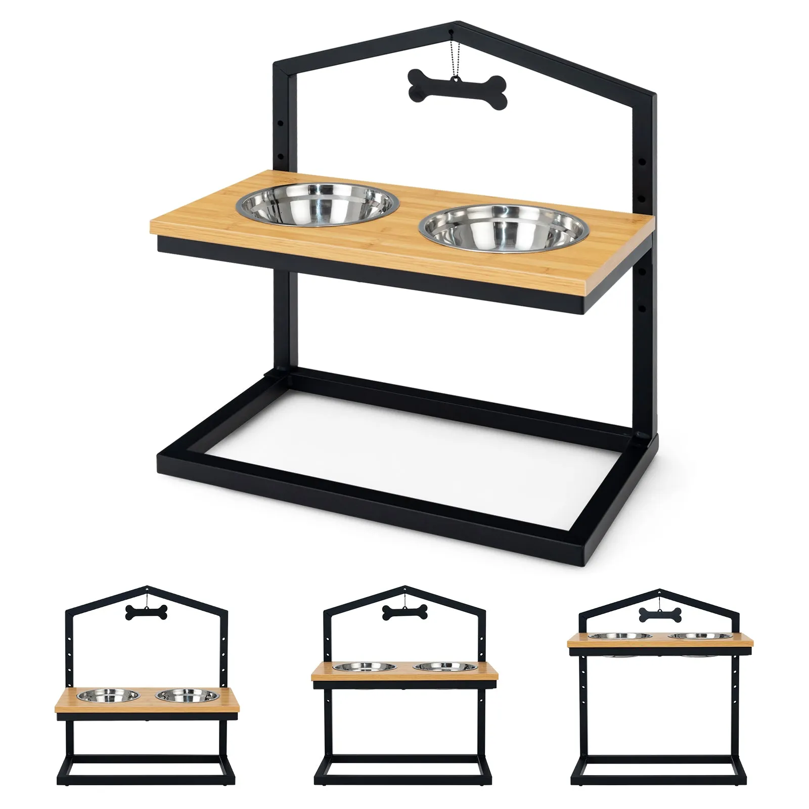 NNECW 5 Heights Elevated Pet Feeder with Detachable Stainless Steel Bowl for Dogs-Natural