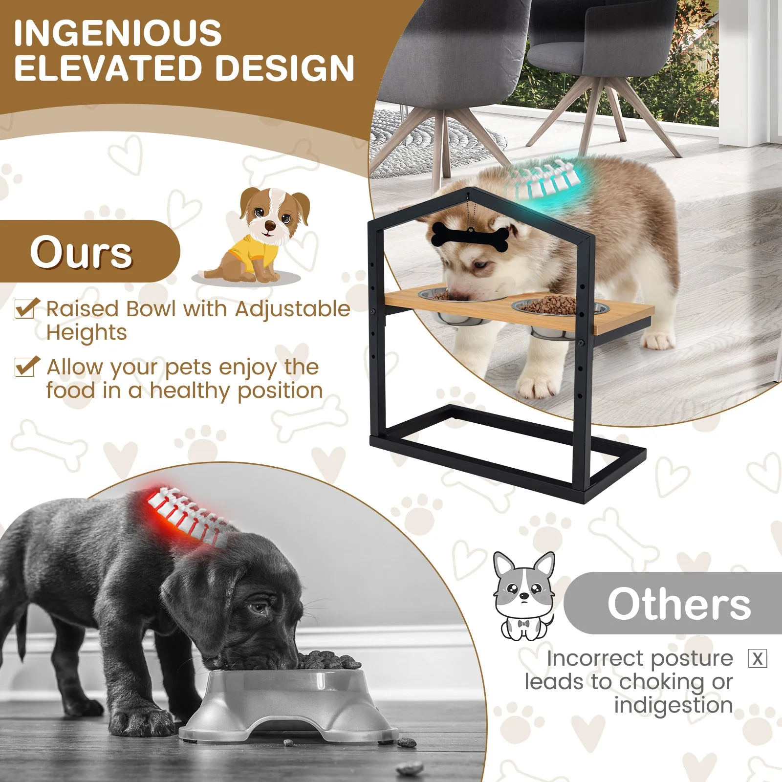 NNECW 5 Heights Elevated Pet Feeder with Detachable Stainless Steel Bowl for Dogs-Natural
