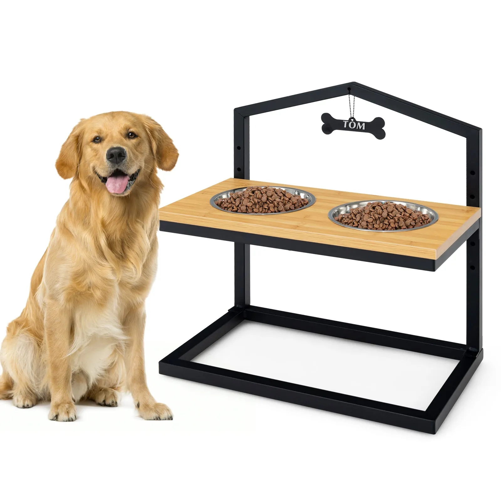 NNECW 5 Heights Elevated Pet Feeder with Detachable Stainless Steel Bowl for Dogs-Natural