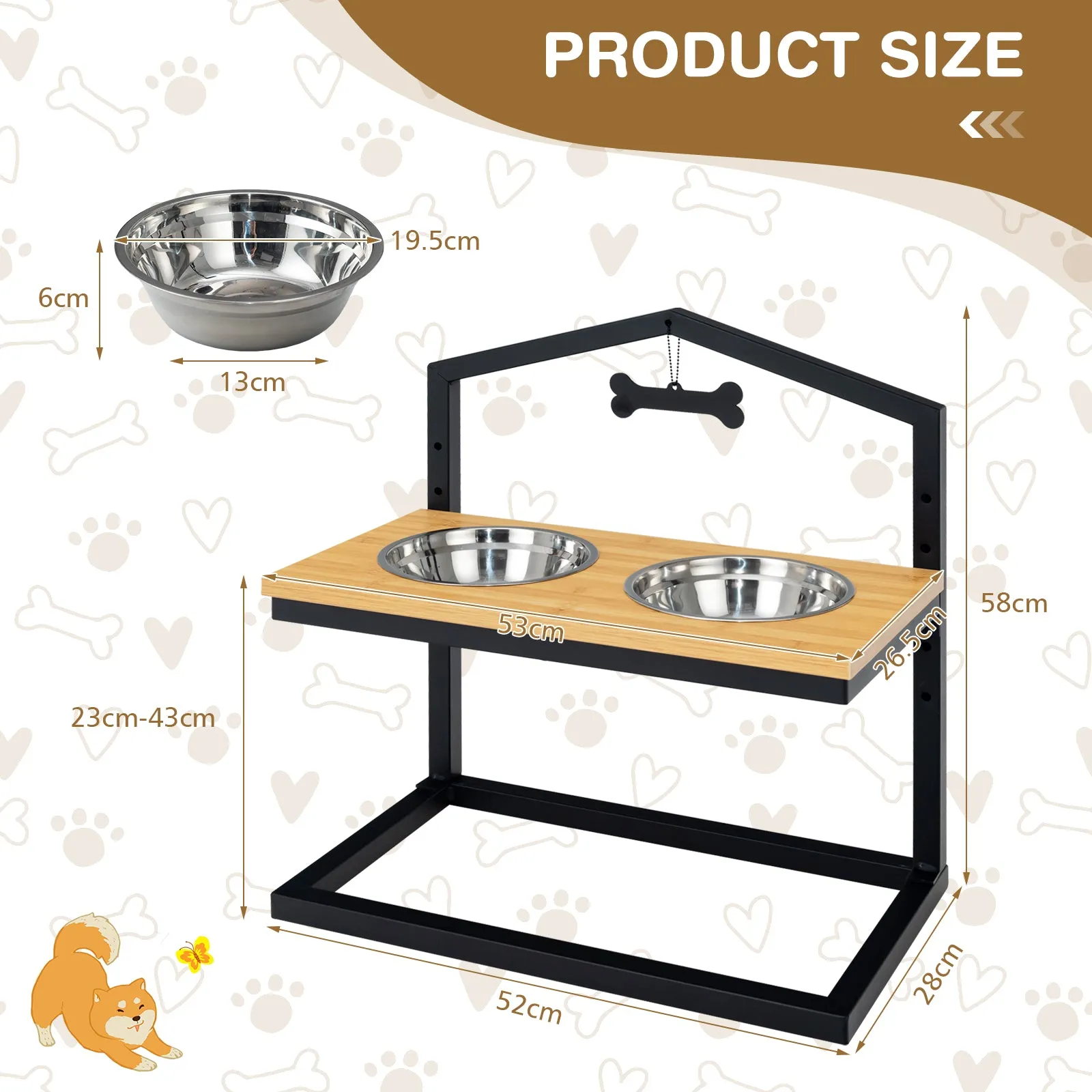 NNECW 5 Heights Elevated Pet Feeder with Detachable Stainless Steel Bowl for Dogs-Natural