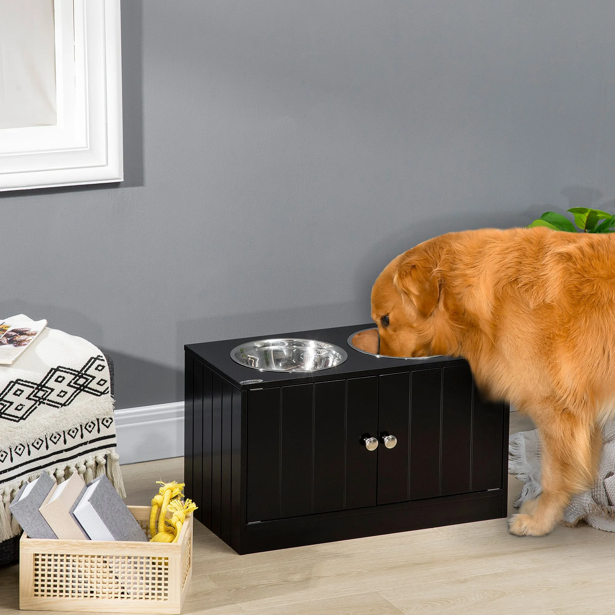 PawHut Raised Dog Bowls for Large Dogs Feeding Station w/ Stand, Storage - Black