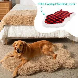 PupRug™ Luxe Faux Fur Tan Plush Sheep Orthopedic Dog Bed   FREE Holiday Plaid Bed Cover