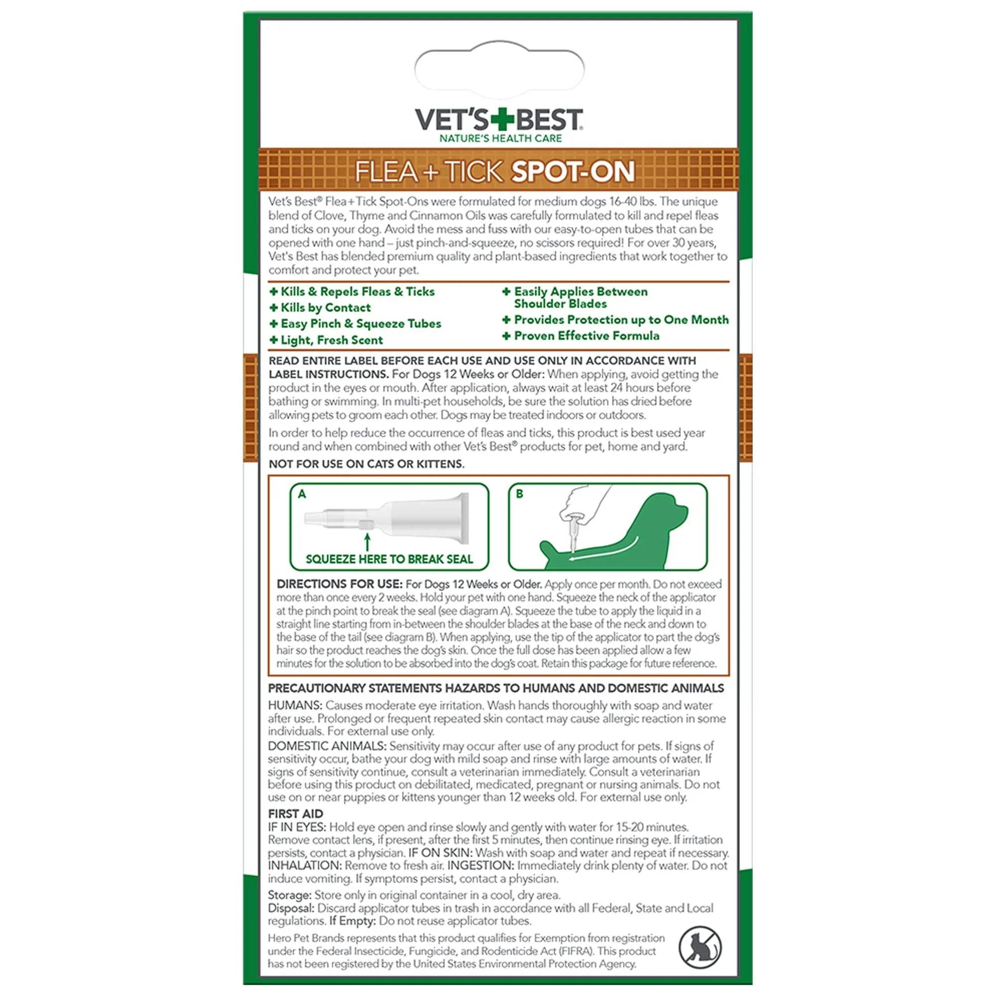 Vet's Best Plant Based Flea and Tick Spot-On Treatment Drops for Dogs - 3.1 ml - Medium - 4 Count