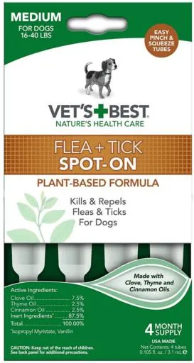Vet's Best Plant Based Flea and Tick Spot-On Treatment Drops for Dogs - 3.1 ml - Medium - 4 Count